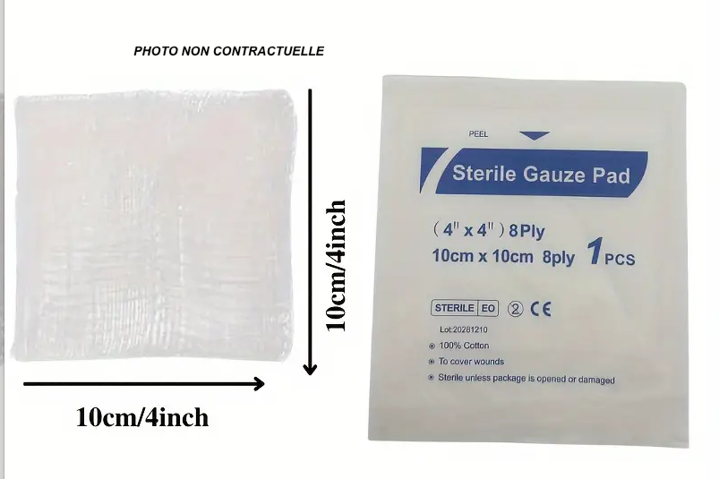 Set of 10 sterile cotton and individually wrapped compresses 10cm / 10cm