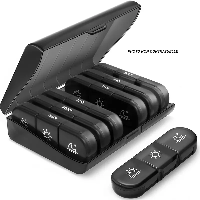 Portable 7-day pill organizer with 3 daily compartments