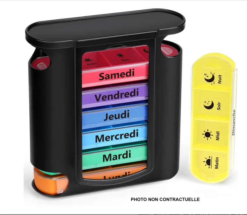 Pilulier 7 jours avec 4 compartiments (matin/midi soir/nuit) pour un total de 28 compartiments.