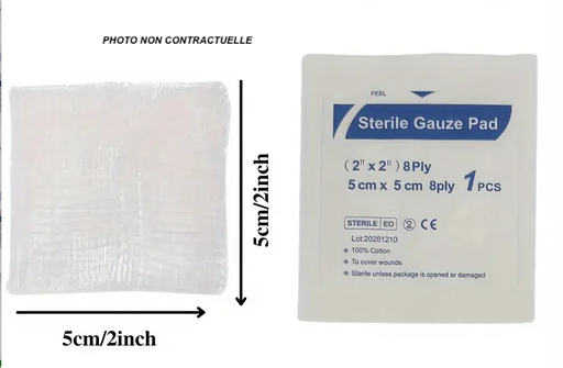 [CAH0000000175] Lot de 10 compresses stériles, en coton emballées individuellement 5 cm / 5 cm