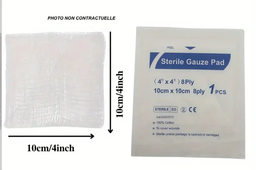 [CAH0000000176] Lot de 10 compresses stériles, en coton et emballées individuellement 10cm / 10cm