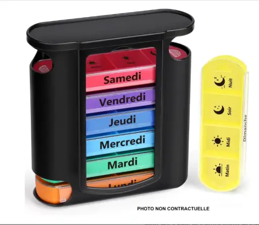[CAH0000000236] Pilulier 7 jours avec 4 compartiments (matin/midi soir/nuit) pour un total de 28 compartiments.